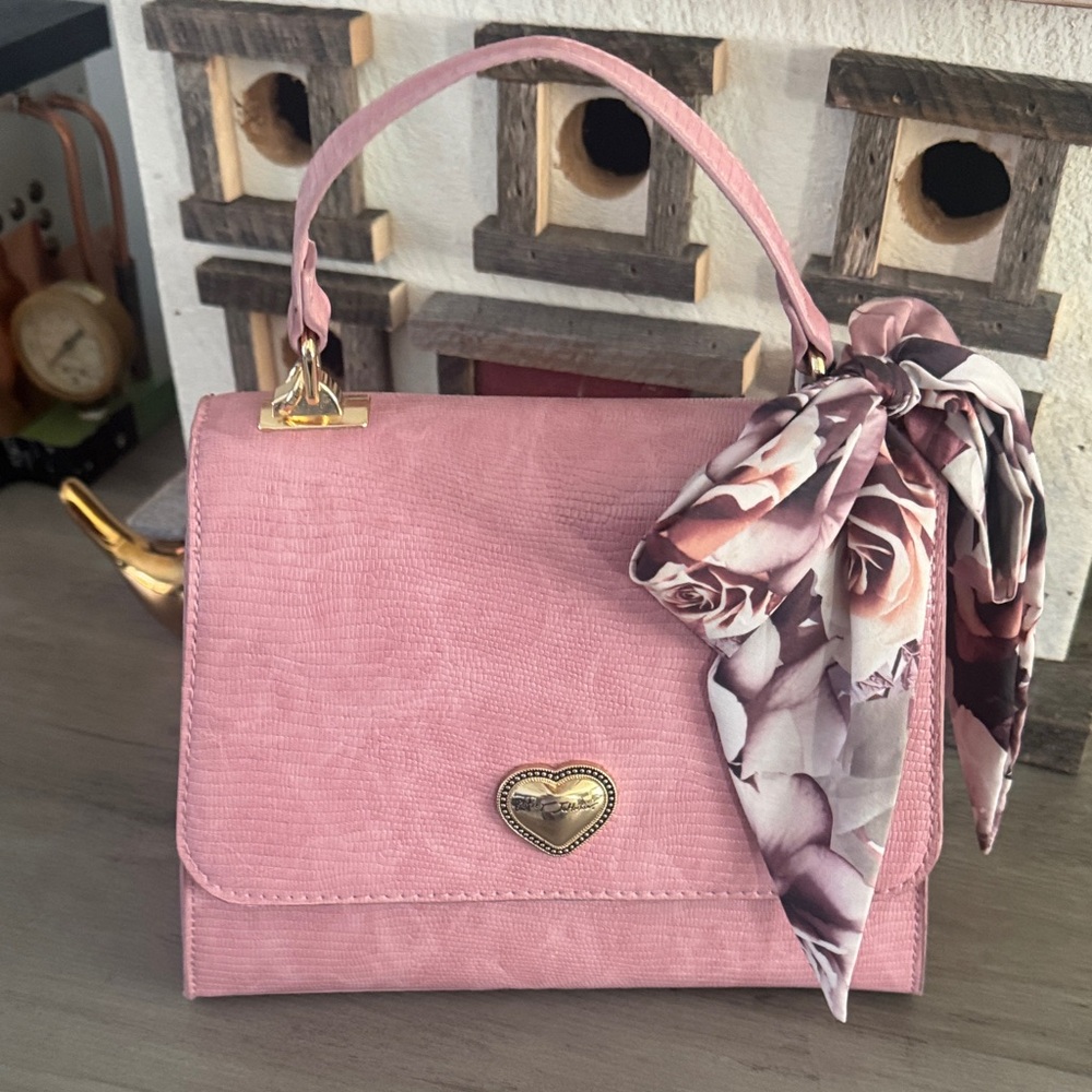 Betsey Johnson Pink Handbag with Floral Scarf Accent